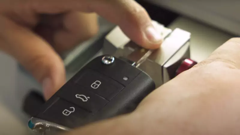 Espadín de la llave colocado sobre la mordaza de la duplicadora. Espadín de la llave colocado sobre la mordaza de la duplicadora.